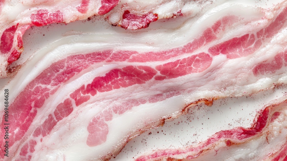 48.Streaky slices of fresh bacon, rich marbling of pink and white layers, isolated against white, delicate textures, ready for packaging, vibrant and detailed presentation 48.Streaky slices of fresh bacon, rich marbling of pink and white layers, isolated against white, delicate textures, ready for packaging, vibrant and detailed presentation