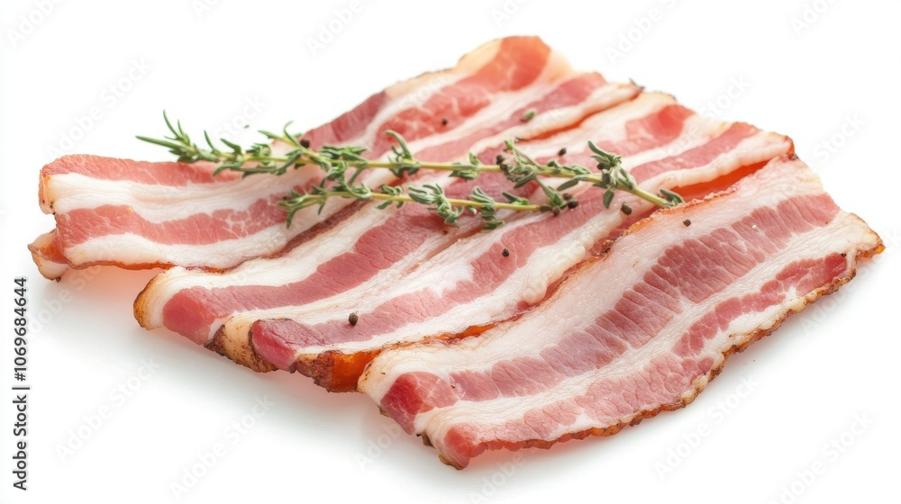 50.Raw bacon slices with delicate streaks of marbled fat, soft pink and white tones, isolated on white, close-up highlighting natural textures, fresh and appetizing for package design 50.Raw bacon slices with delicate streaks of marbled fat, soft pink and white tones, isolated on white, close-up highlighting natural textures, fresh and appetizing for package design