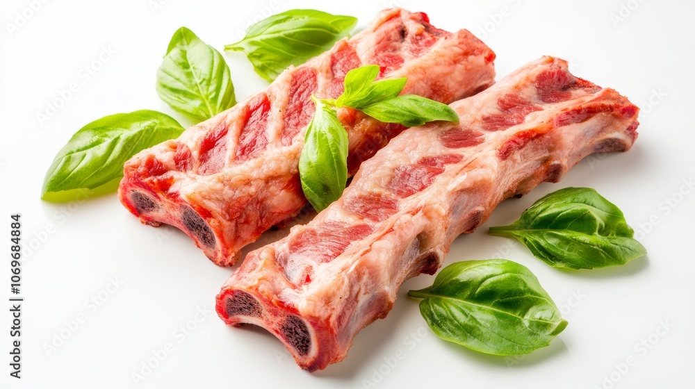 59.A set of raw pork ribs, isolated on a clean white background with basil leaves surrounding the meat. The ribs are plump and full of marbling, and the basil adds a vibrant green contrast to the 59.A set of raw pork ribs, isolated on a clean white background with basil leaves surrounding the meat. The ribs are plump and full of marbling, and the basil adds a vibrant green contrast to the