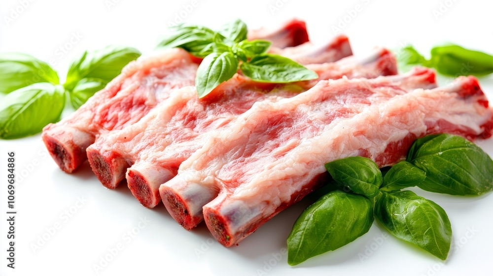 59.A set of raw pork ribs, isolated on a clean white background with basil leaves surrounding the meat. The ribs are plump and full of marbling, and the basil adds a vibrant green contrast to the 59.A set of raw pork ribs, isolated on a clean white background with basil leaves surrounding the meat. The ribs are plump and full of marbling, and the basil adds a vibrant green contrast to the