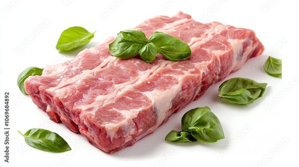 58.A large slab of raw pork ribs, placed on a white backdrop, with basil leaves artfully placed along the edges. The meat is fresh, showcasing bright pink hues, and the fat is glistening under soft 58.A large slab of raw pork ribs, placed on a white backdrop, with basil leaves artfully placed along the edges. The meat is fresh, showcasing bright pink hues, and the fat is glistening under soft