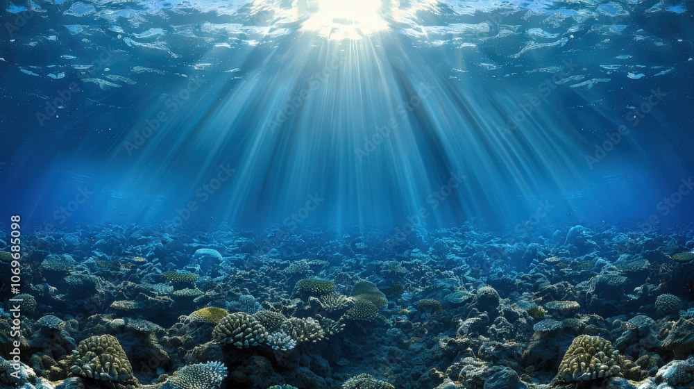 A serene underwater scene featuring vibrant coral reefs illuminated by sun rays penetrating the clear blue water. A serene underwater scene featuring vibrant coral reefs illuminated by sun rays penetrating the clear blue water.