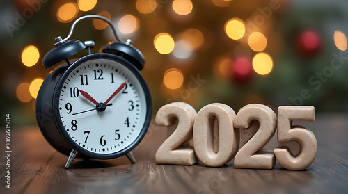 2025 text with clock on table. Resolution, time, plan, goal, motivation, reboot, countdown and New Year holiday concepts