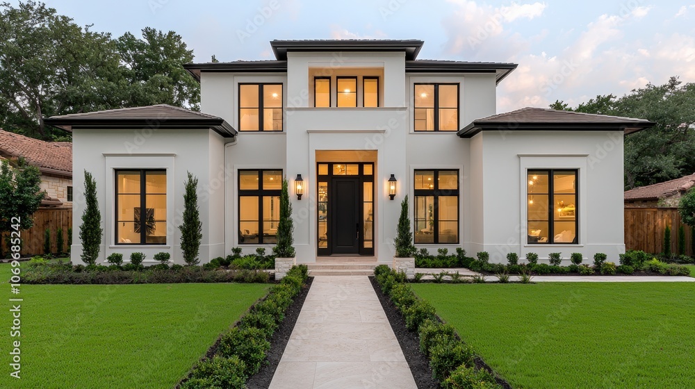 Modern White House with Black Windows and Doors Green Lawn Stone Walkway Modern White House with Black Windows and Doors Green Lawn Stone Walkway