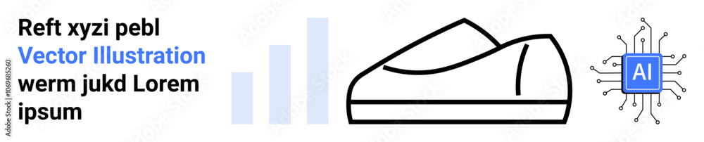 Shoe icon, blue bar graph, and AI microchip with circuit lines. Ideal for technology, artificial intelligence, footwear innovation, design trends, smart gadgets, futuristic concepts, product Shoe icon, blue bar graph, and AI microchip with circuit lines. Ideal for technology, artificial intelligence, footwear innovation, design trends, smart gadgets, futuristic concepts, product