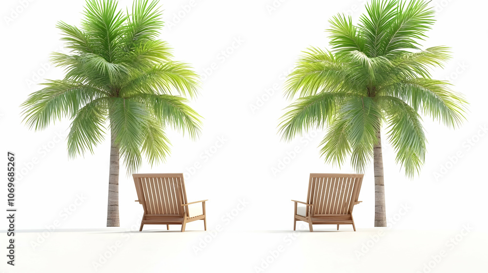 Fototapeta premium 3D Render of Palm Trees and Wooden Chairs in a Tropical Setting