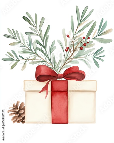 Celebrate the season with a beautifully wrapped gift box adorned with elegant greenery and red berries