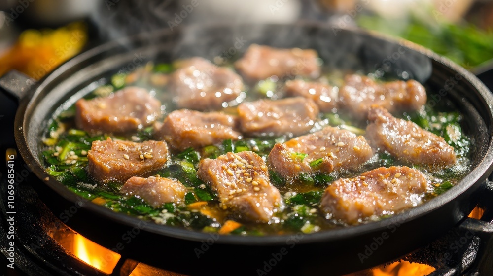 76.A hot Thai barbecue grill pan filled with sizzling pork slices, surrounded by vegetables and a rich broth. The pork is cooking over the grill, with steam rising as it sizzles. Fresh green 76.A hot Thai barbecue grill pan filled with sizzling pork slices, surrounded by vegetables and a rich broth. The pork is cooking over the grill, with steam rising as it sizzles. Fresh green