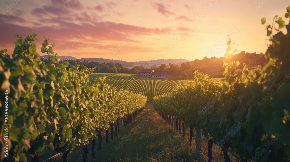 Fototapeta premium As the sun sets, it casts a golden glow over sprawling vineyards, highlighting rows of green vines in a peaceful countryside setting. Nature’s beauty unfolds as day transitions to night.