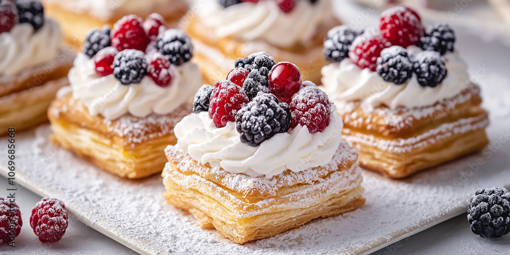 Delicious puff pastries decorated with whipped cream and fresh berries Delicious puff pastries decorated with whipped cream and fresh berries