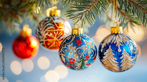 Christmas ornaments hanging on a fir tree branch with bokeh lights