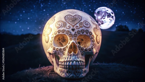 Decorated Skull Under a Starry Night with a Blurred Moon