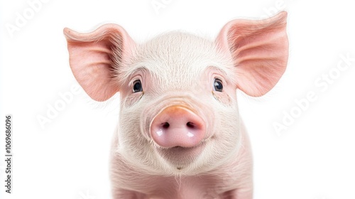 92.A young pig with big, expressive eyes and a slight smile, facing forward against a bright white background. The pigâ€™s ears are floppy, and its pink skin is smooth and vibrant. The simple backdrop