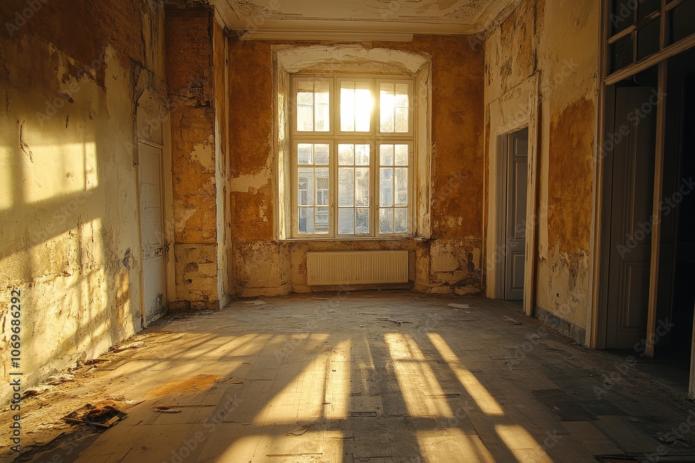Sunlight streams through a window in an abandoned room. Perfect for evoking a sense of loss, nostalgia, and the passage of time. Sunlight streams through a window in an abandoned room. Perfect for evoking a sense of loss, nostalgia, and the passage of time.
