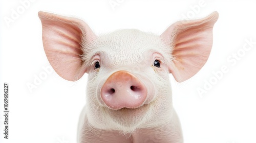 95.A young pig looking directly into the camera with a joyful expression, its nose slightly wrinkled and ears perked up. The pigâ€™s pink skin contrasts sharply with the white background, creating a