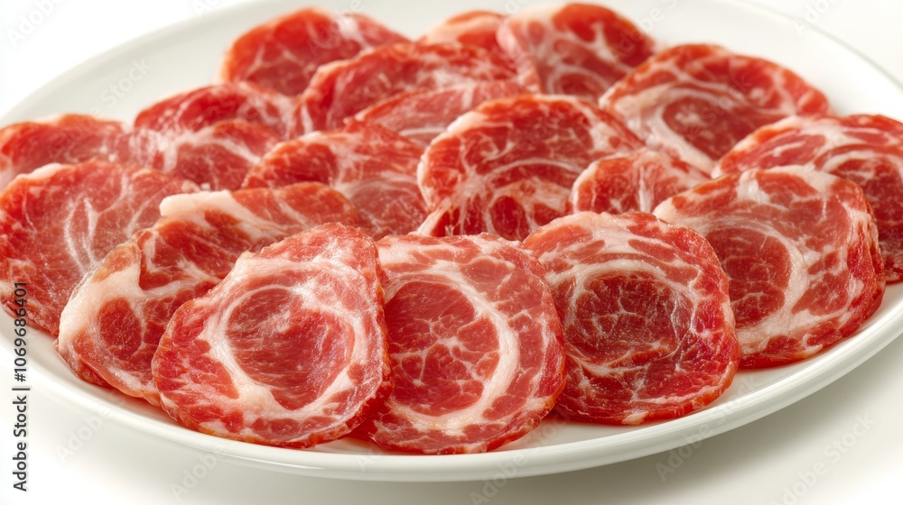 98.A platter of coppa, featuring thin, delicate slices of cured pork shoulder. The slices are translucent, with rich red tones and white marbling. The meat is arranged neatly on a white plate, with 98.A platter of coppa, featuring thin, delicate slices of cured pork shoulder. The slices are translucent, with rich red tones and white marbling. The meat is arranged neatly on a white plate, with