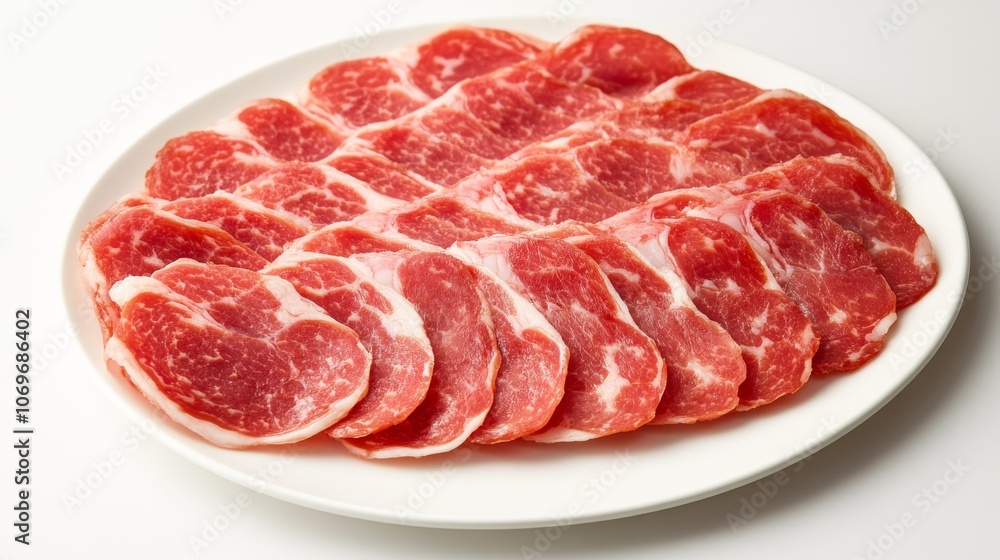 98.A platter of coppa, featuring thin, delicate slices of cured pork shoulder. The slices are translucent, with rich red tones and white marbling. The meat is arranged neatly on a white plate, with 98.A platter of coppa, featuring thin, delicate slices of cured pork shoulder. The slices are translucent, with rich red tones and white marbling. The meat is arranged neatly on a white plate, with