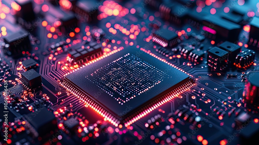 Close-up of a computer chip. Perfect for illustrating technology, innovation, and processing power. Close-up of a computer chip. Perfect for illustrating technology, innovation, and processing power.