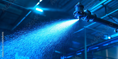 Industrial sprinkler system spraying water in manufacturing plant photo