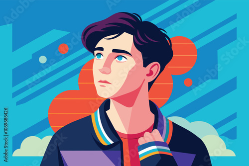 Young Man Gazing Upwards Against a Colorful Geometric Background