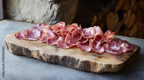 100.Thinly sliced capocollo placed artfully on a rustic wooden board. The pork is marbled with fine white fat, and the slices are translucent, curling slightly at the edges. The rich color of the photo