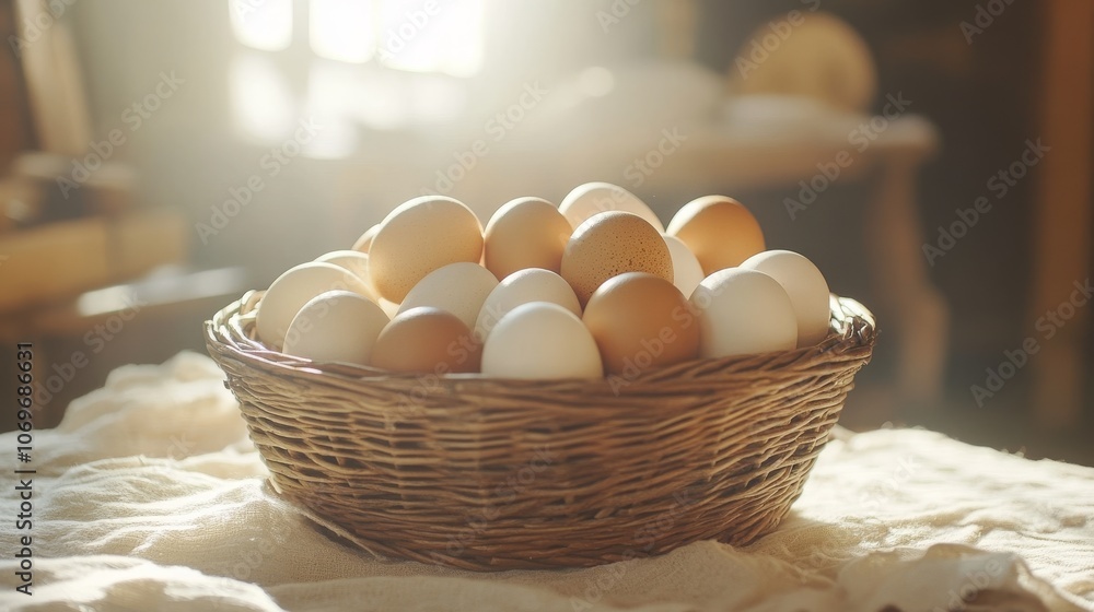 Fresh eggs in a woven basket illuminated by sunlight Fresh eggs in a woven basket illuminated by sunlight