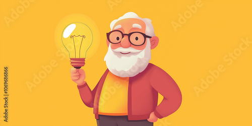 Senior man holding light bulb having an idea on yellow background