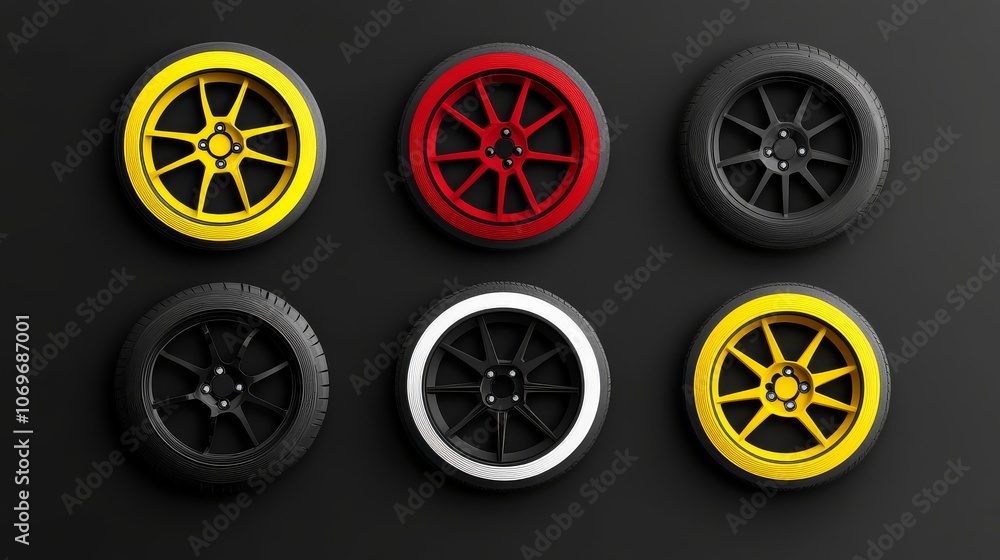 Featuring black wheels enhanced by red, yellow, and white lines. Featuring black wheels enhanced by red, yellow, and white lines.