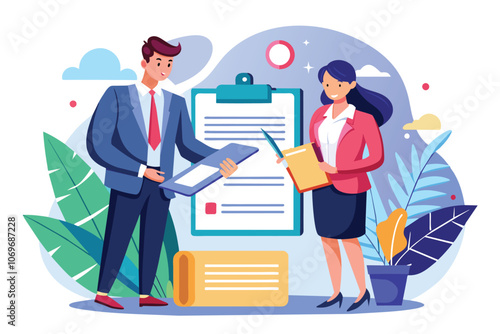 Business Professionals Discussing Documents and Reviewing Work In An Office Setting
