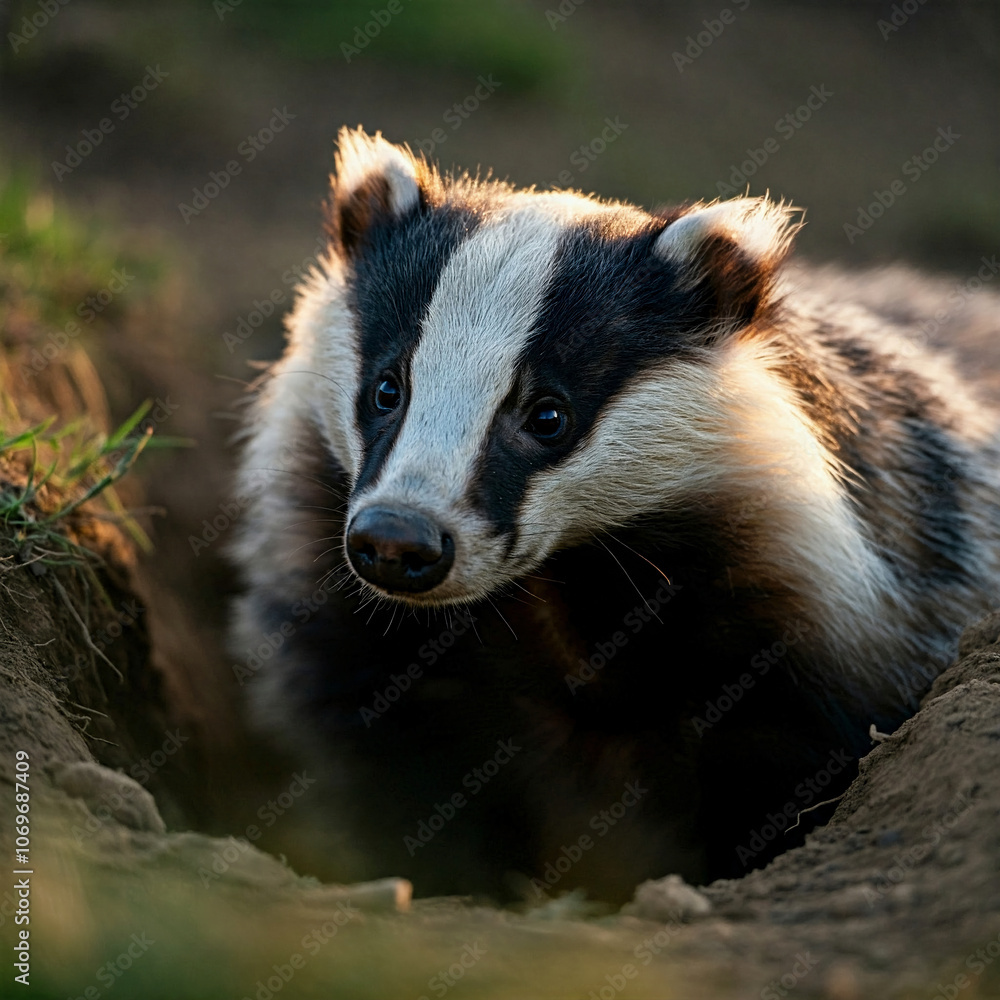 Close-up of badger peeking out from burrow at golden hour Close-up of badger peeking out from burrow at golden hour