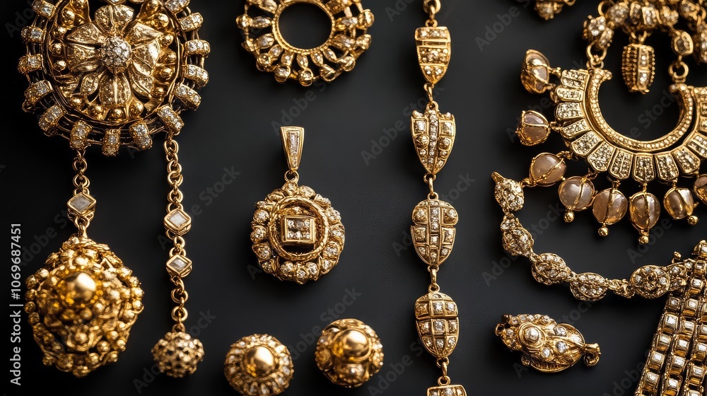 A stunning collection of gold jewelry showcased on a sleek black backdrop. A stunning collection of gold jewelry showcased on a sleek black backdrop.