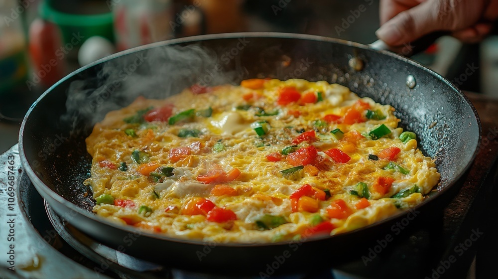 Colorful vegetable omelette sizzling in a frying pan Colorful vegetable omelette sizzling in a frying pan