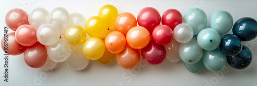 Colorful party balloons background collage, set. Celebration, holidays, summer concept. Design template. Billboard blank, top view, copy space.
