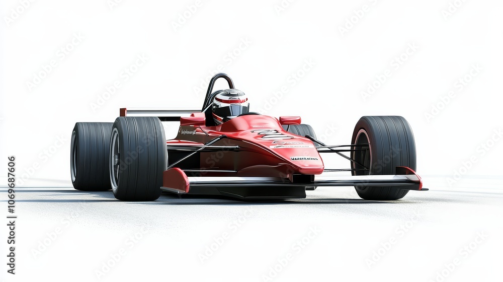 Fototapeta premium A visually striking 3D representation of a race car alongside its driver on a clean backdrop.
