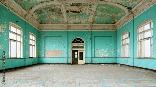 Abandoned Building Interior with Peeling Paint and Open Doorway