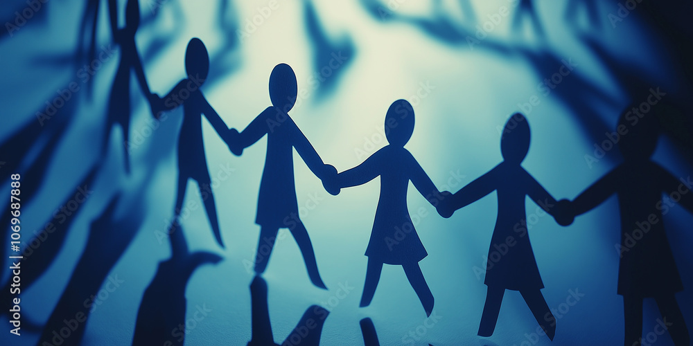Obraz premium Paper chain of people holding hands symbolizing teamwork and unity