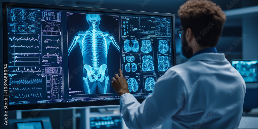 Doctor analyzing x-ray and mri images displayed on large screen in hospital laboratory Doctor analyzing x-ray and mri images displayed on large screen in hospital laboratory