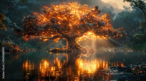 Glowing Tree Reflection in a Misty Forest - Magical Fantasy Landscape