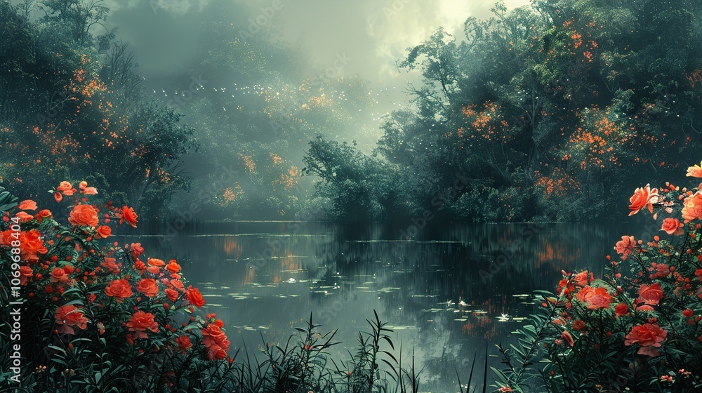 Misty Lake in a Lush Forest with Blooming Roses Misty Lake in a Lush Forest with Blooming Roses