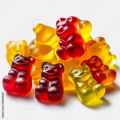 A vibrant collection of gummy bears displayed on a clean white background, showcasing their playful shapes and chewy texture, perfect for candy lovers.