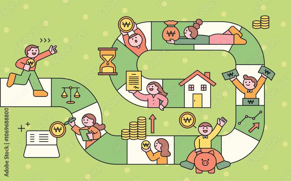 Obraz premium Plan and steps to buy a house. Board game pathfinding concept. Cuttiny character with outine.