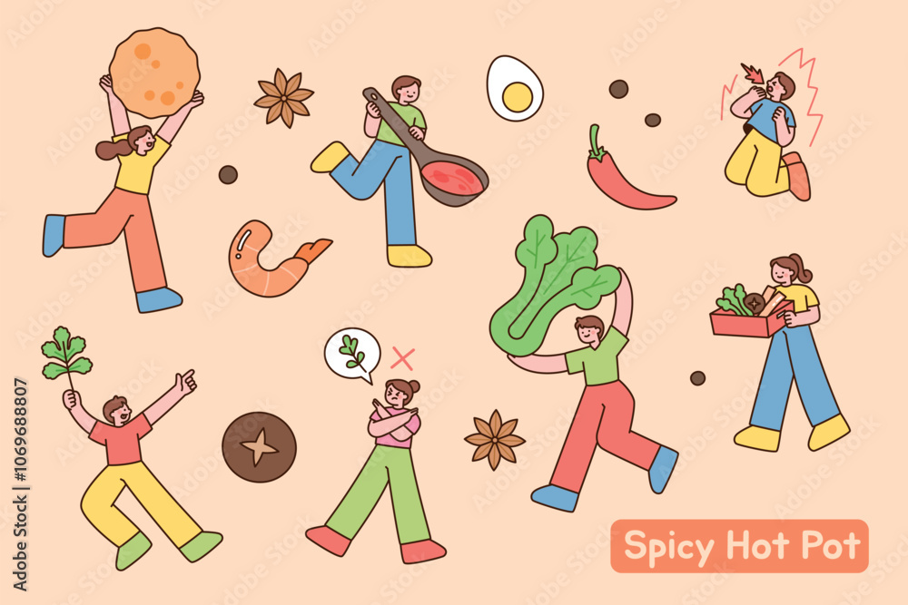 Chinese food Mala hot pot. People are walking around with ingredients for making spicy food. Chinese food Mala hot pot. People are walking around with ingredients for making spicy food.
