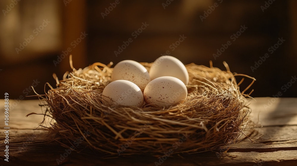 Serene nest with speckled eggs resting in straw Serene nest with speckled eggs resting in straw