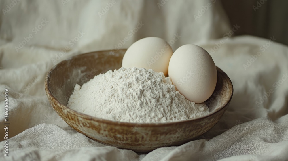 Fresh ingredients: eggs and flour in a rustic bowl Fresh ingredients: eggs and flour in a rustic bowl