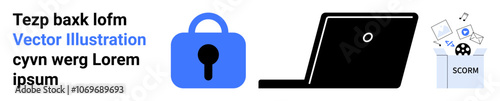 Lock icon, laptop, and trashcan with deleted files symbolizing data protection and secure storage. Ideal for cybersecurity, online safety, data management, privacy policies, secure transactions, IT