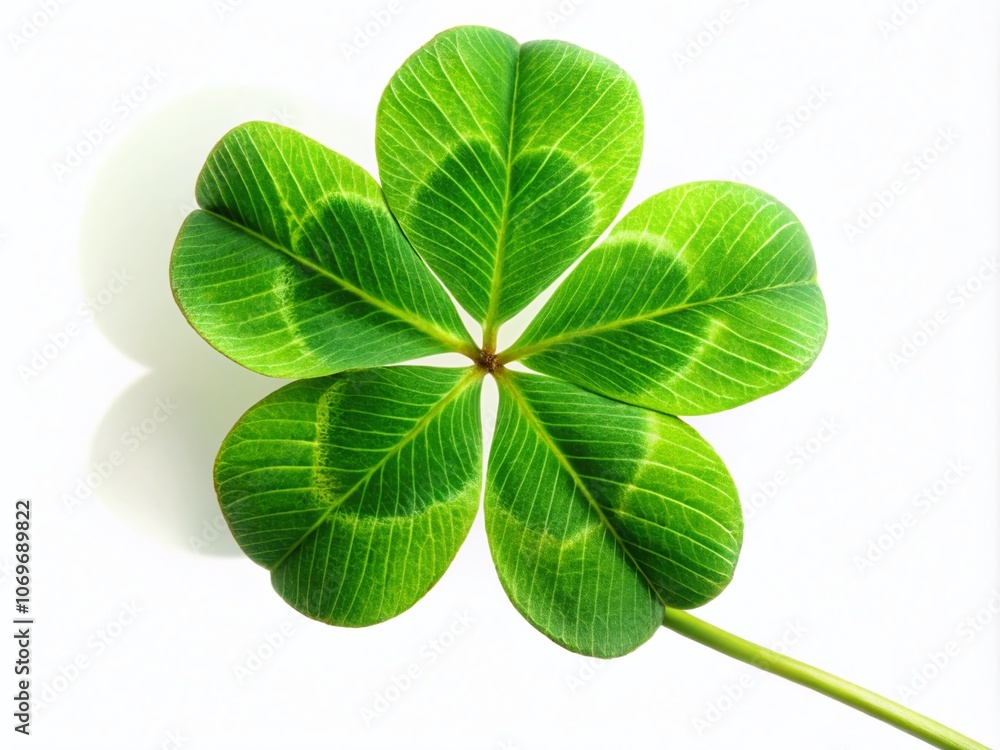 A Close-Up of a Vibrant Four-Leaf Clover on a White Background, Symbolizing Luck and Prosperity in Nature's Splendor, Perfect for St. Patrick's Day and Botanical Themes A Close-Up of a Vibrant Four-Leaf Clover on a White Background, Symbolizing Luck and Prosperity in Nature's Splendor, Perfect for St. Patrick's Day and Botanical Themes