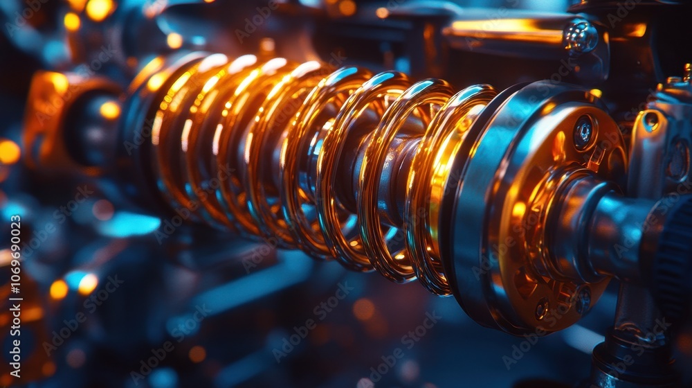 Close-up of a golden car shock absorber. Perfect for automotive, engineering, or industrial design projects. Close-up of a golden car shock absorber. Perfect for automotive, engineering, or industrial design projects.