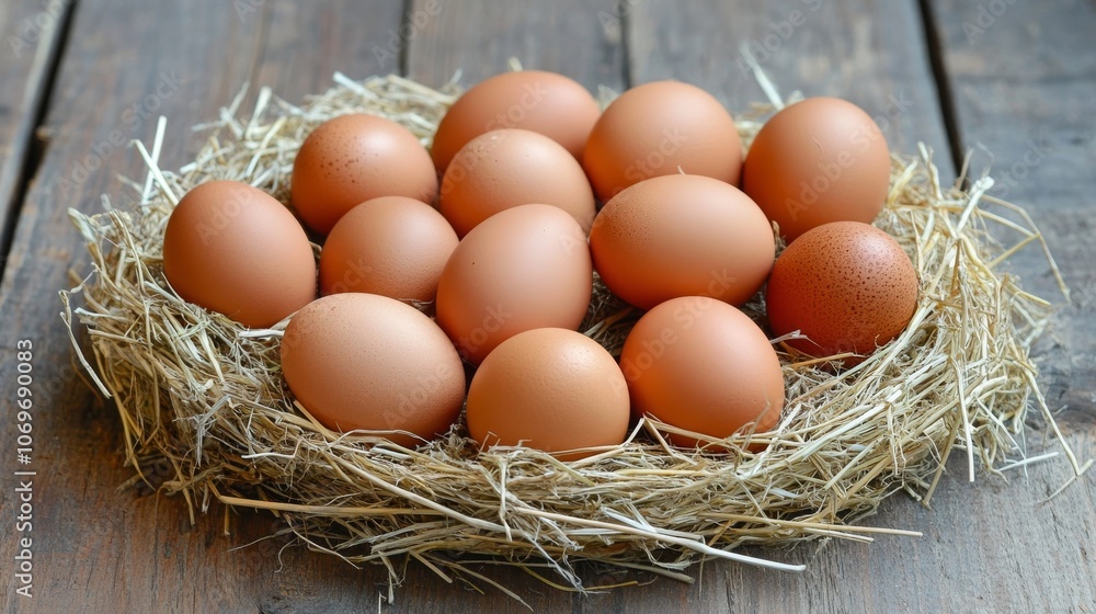 Fresh brown eggs nestled in a rustic straw nest Fresh brown eggs nestled in a rustic straw nest