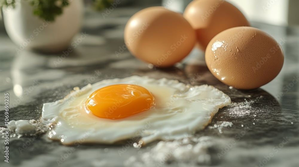 Fresh eggs and a broken egg on a marble countertop Fresh eggs and a broken egg on a marble countertop