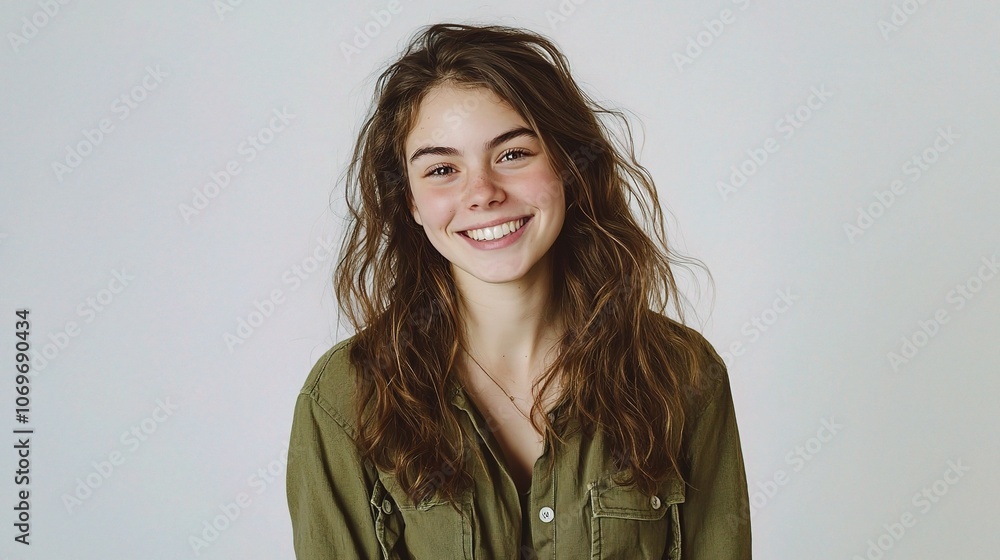 Smiling Young Woman with Long Hair in Casual Shirt Smiling Young Woman with Long Hair in Casual Shirt